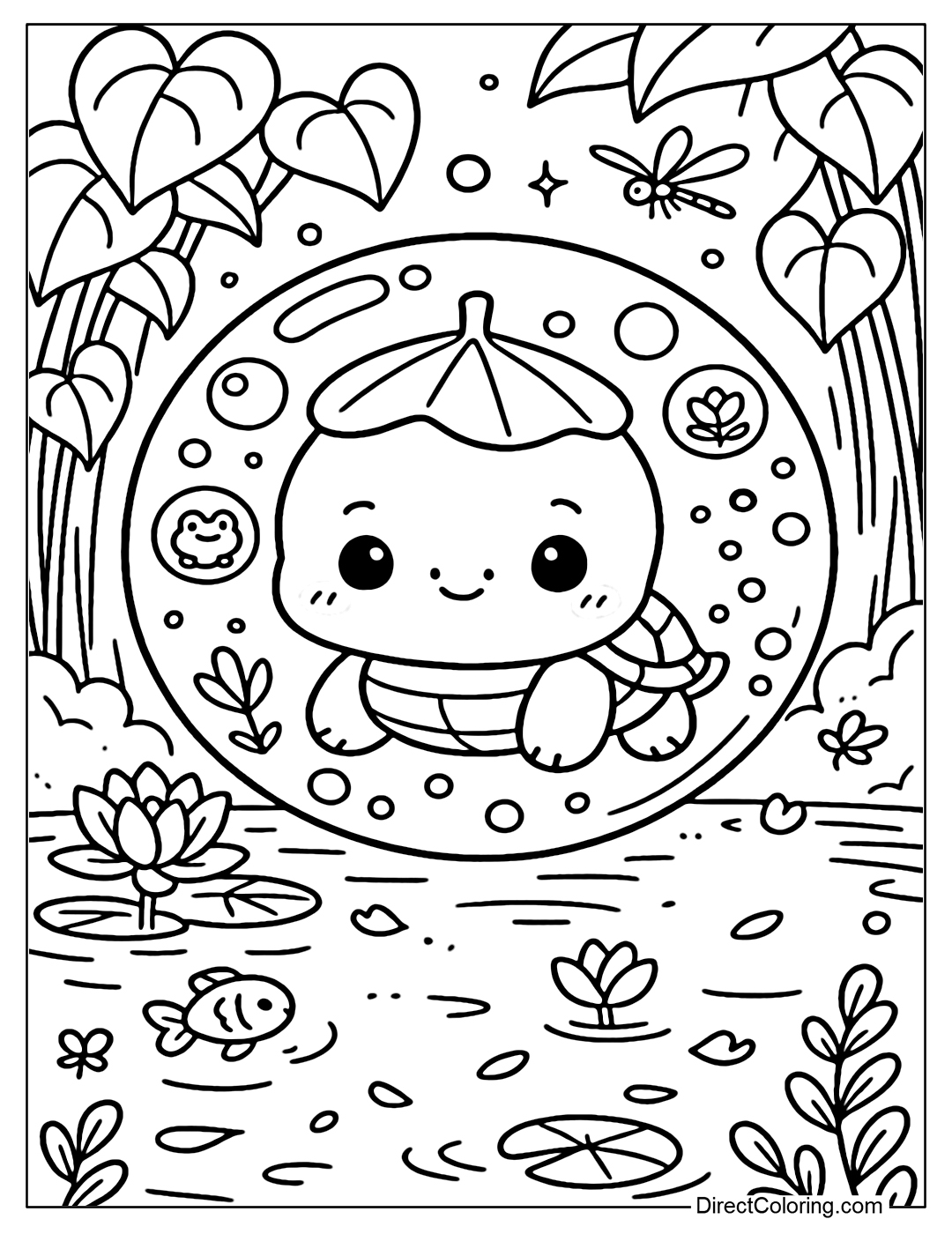 A large soap bubble coloring page containing a baby turtle wearing a small lotus leaf. Outside the bubble are swimming fish and blooming water lilies. Small bubble contains mini frogs, lotus flowers, small carp.