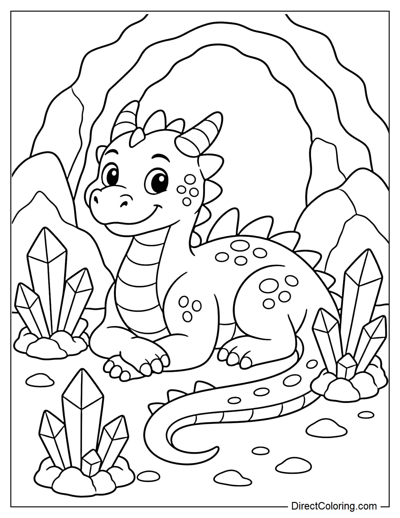 A wingless cave dragon is resting beside three giant crystals, with its head lifted slightly and its front feet placed neatly in front. Behind it are an arched cave entrance and a few large rocks.
