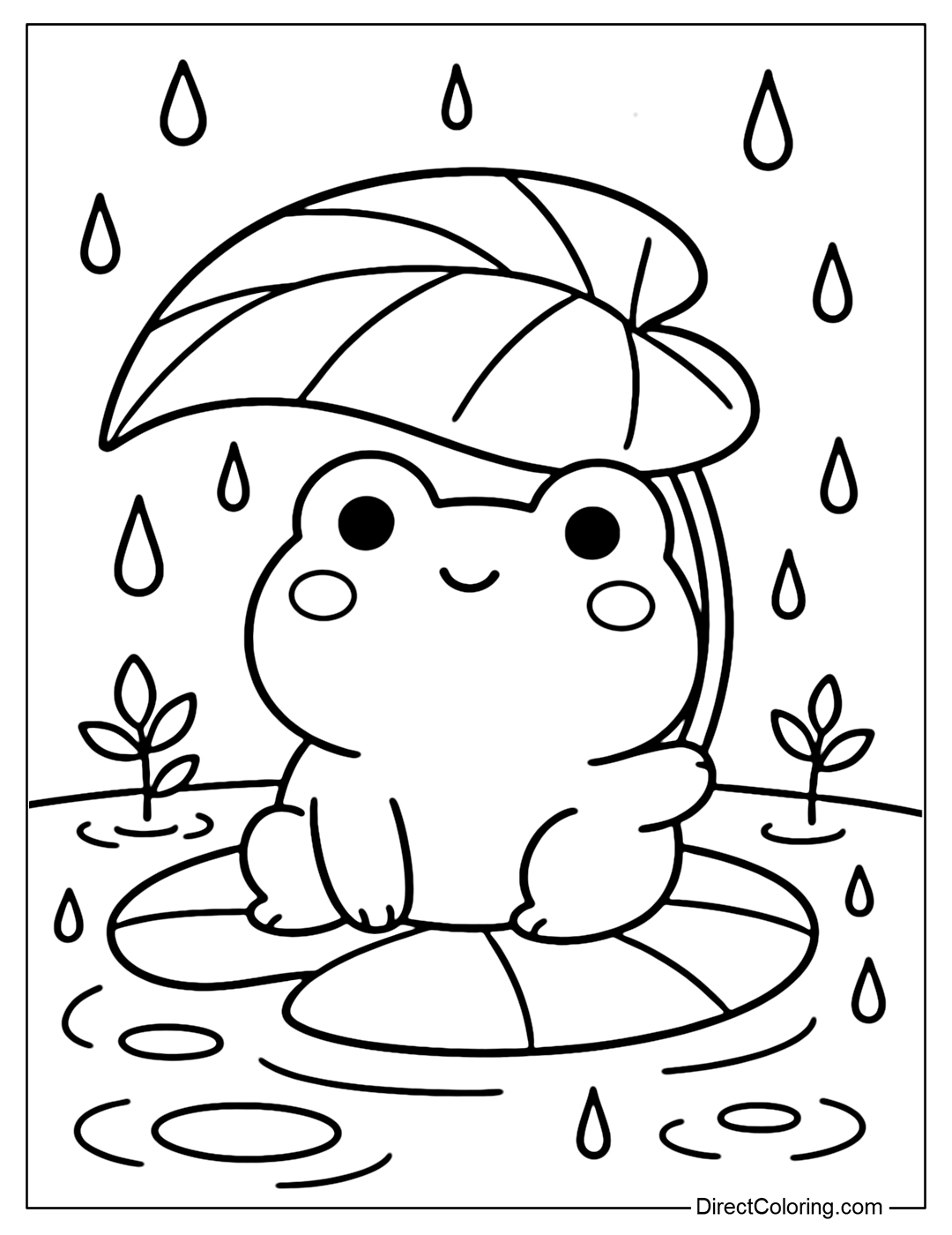 Coloring picture of a frog sitting on a lotus leaf, using a large leaf to cover the rain, surrounded by raindrops falling on the water surface.