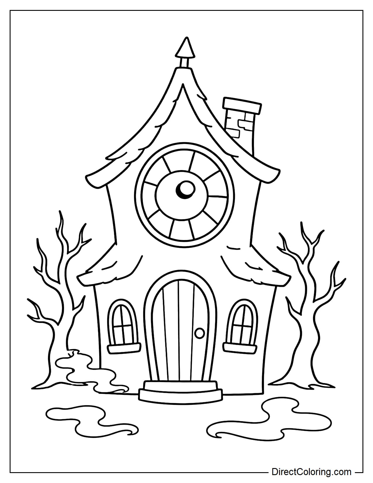 A haunted house has a huge round upper window designed like a giant eye. Below it are a curved front door and two smaller windows, with a simple bare tree standing on each side of the house.