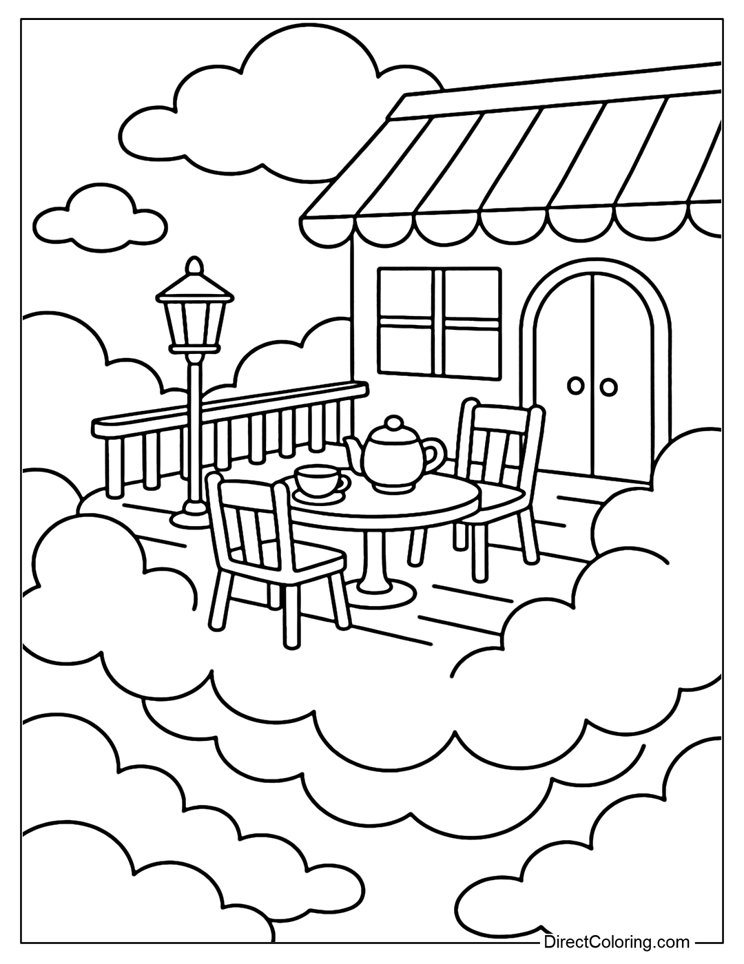 Coloring page of a small teahouse in the clouds, with tables and chairs on the porch looking down at the abyss of the sky.