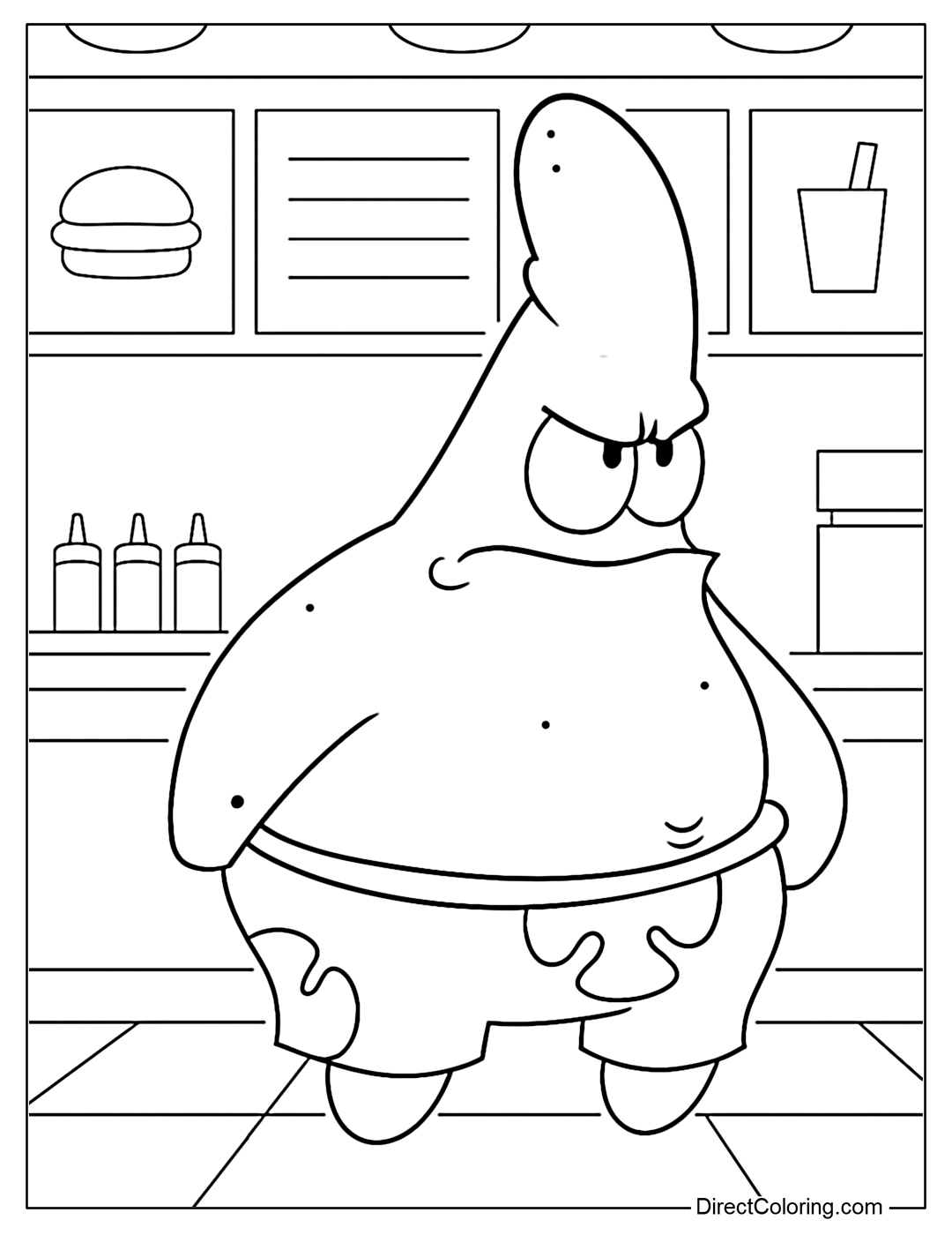 Coloring Page of Patrick Star stands in a fast food restaurant with a grumpy expression, arms down and brows furrowed, clearly not happy with the service.