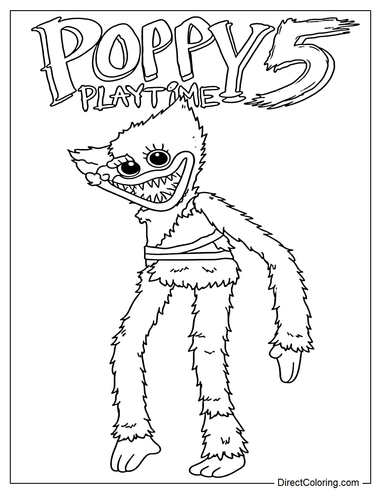 Kissy Missy in a severely damaged state, with part of her right face disfigured, sharp teeth and a lifeless gaze, a slender body, long, gangly limbs, and missing an arm.