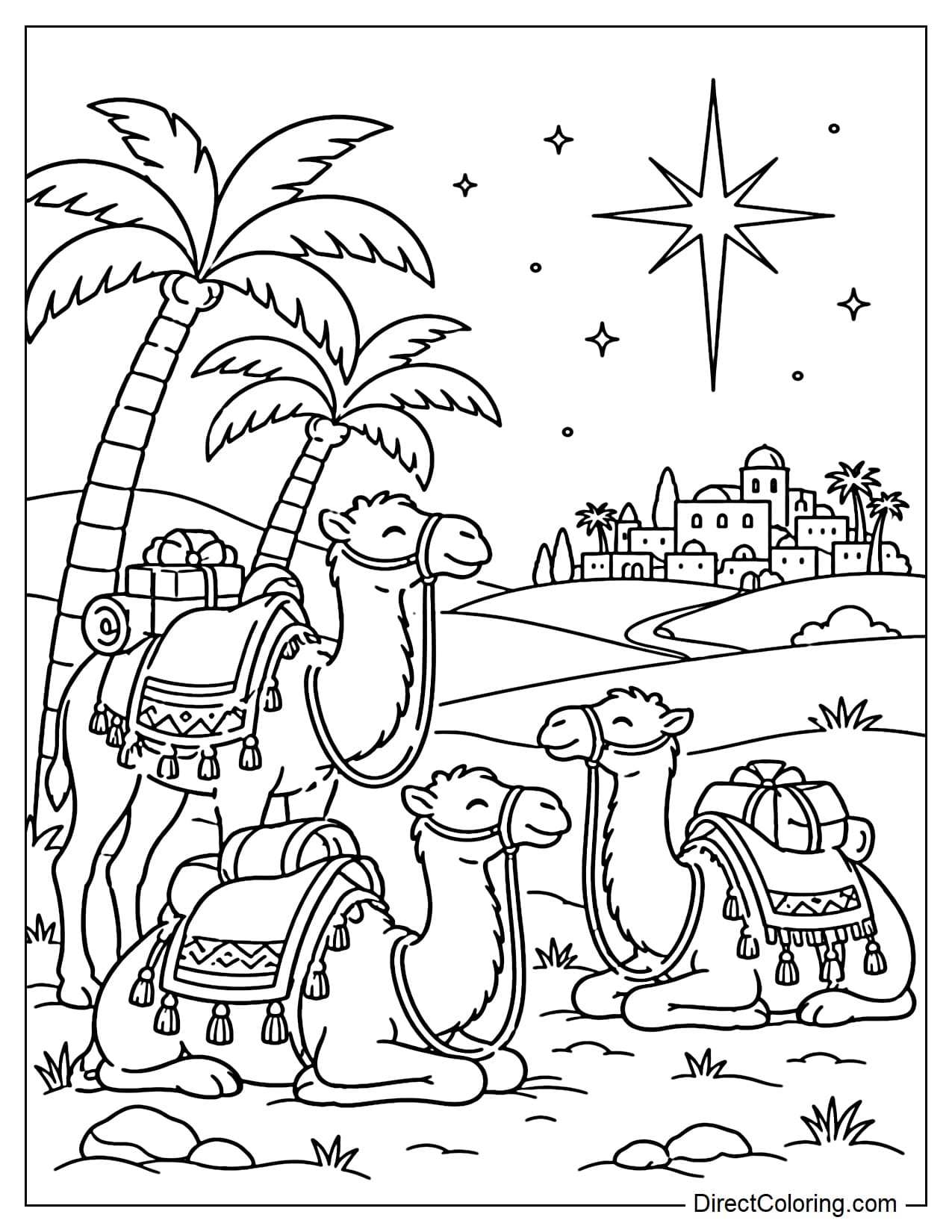 Three camels belonging to the Wise Men resting beside a few small palm trees in the desert, with Bethlehem in the distance and the large Star of Bethlehem shining brightly in the sky.
