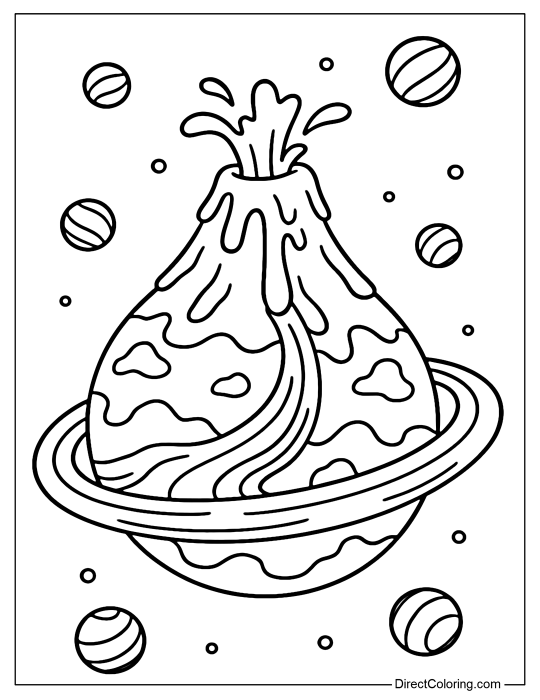 A planet coloring page covered with shiny dark chocolate, at the north pole there is a volcano that erupts caramel waterfalls flowing into space, forming a sparkling caramel swirl belt.