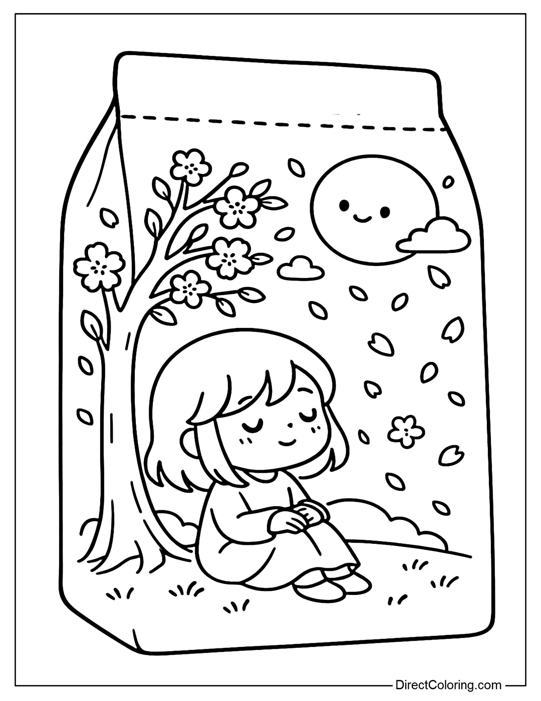 A tea bag coloring page featuring a full moon, falling cherry blossoms, and a girl admiring the scenery under a tree.
