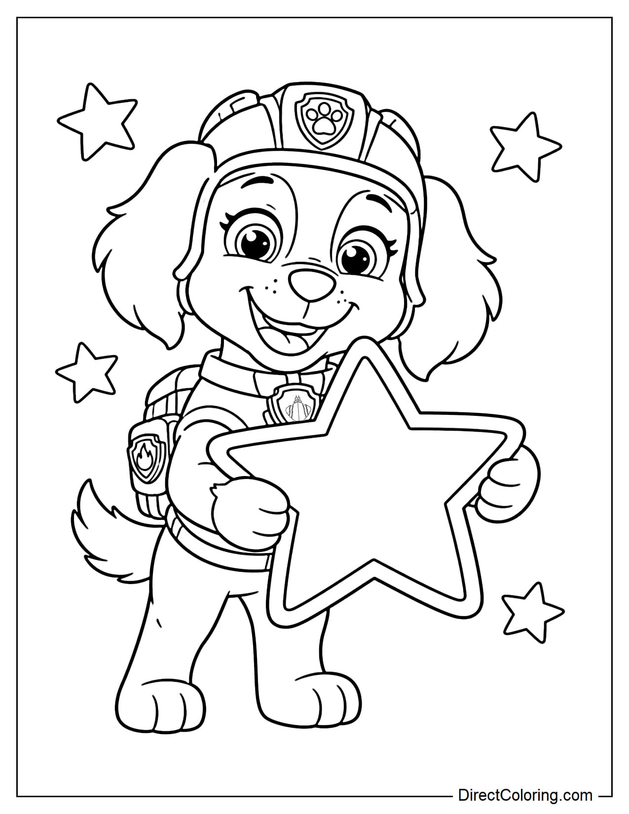 Liberty hugs a giant star-shaped badge with a bright smile, surrounded by a few small stars.