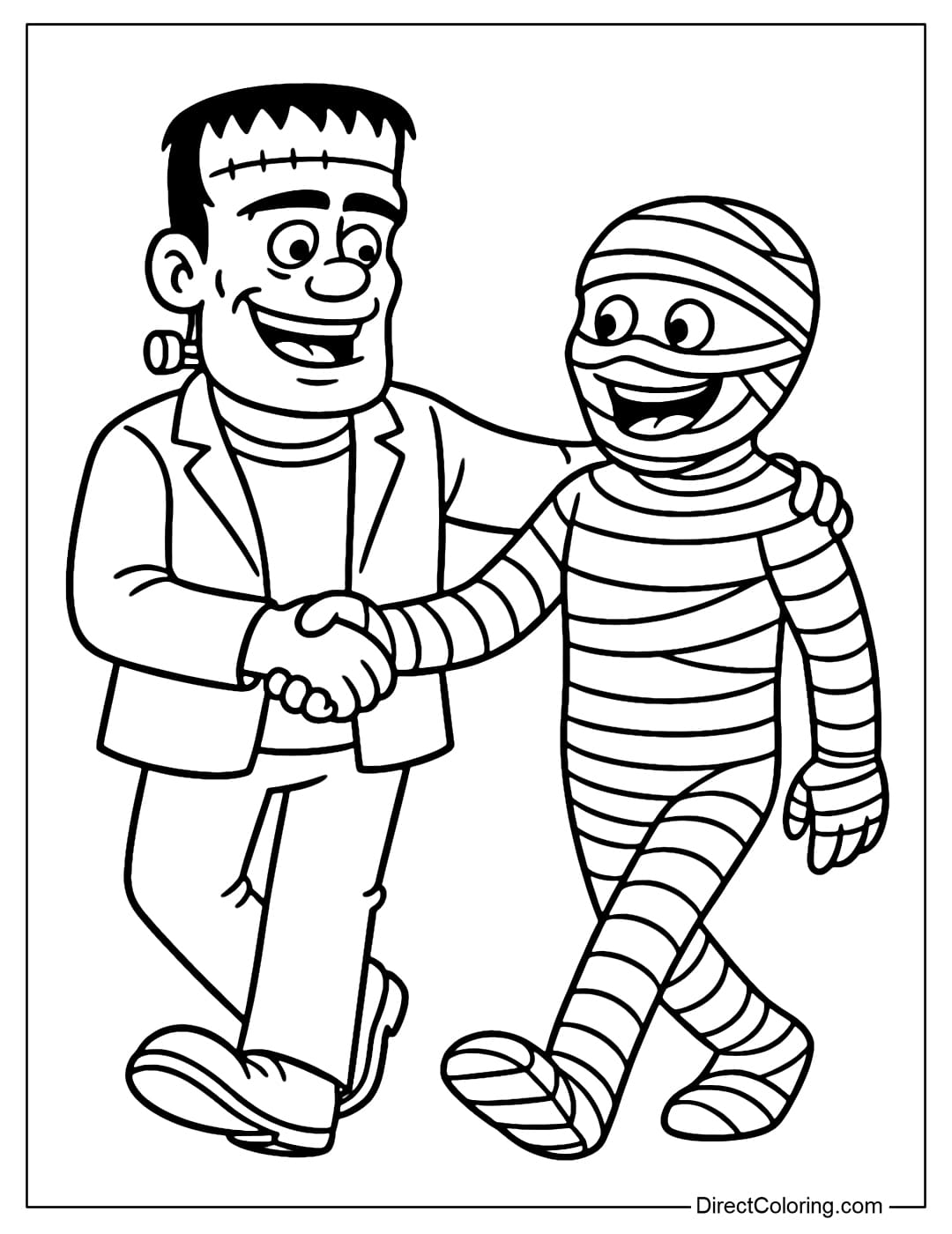 A coloring page of Frankenstein and the Mummy walking, both smiling brightly.