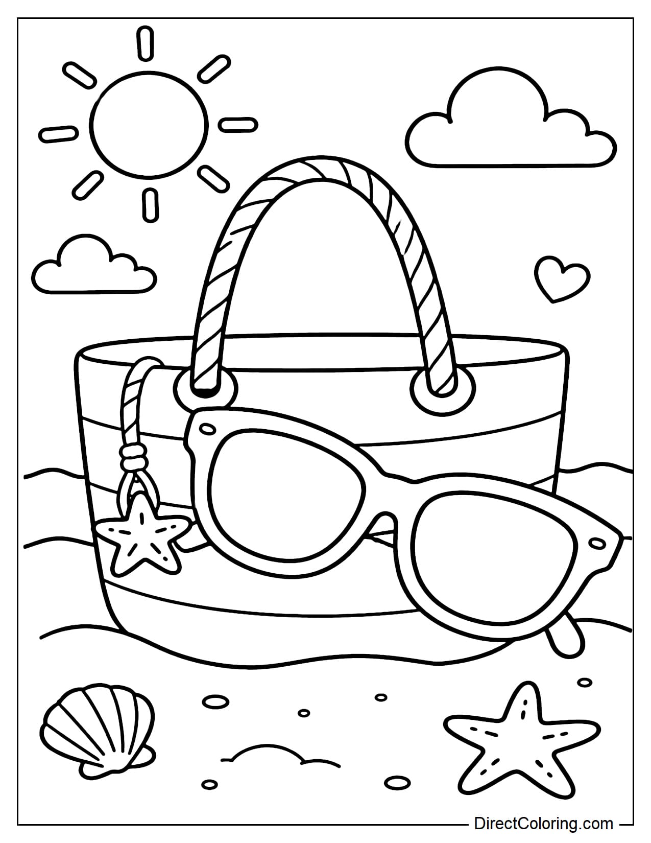 Sunglasses placed on a simple beach bag, surrounded by a few lines of sand.