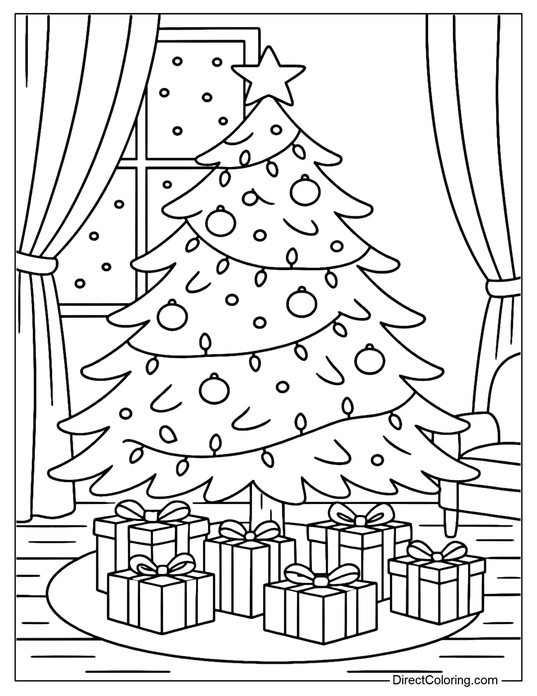 A sparkling pine tree coloring page in the middle of the living room, with many gift boxes at the base.