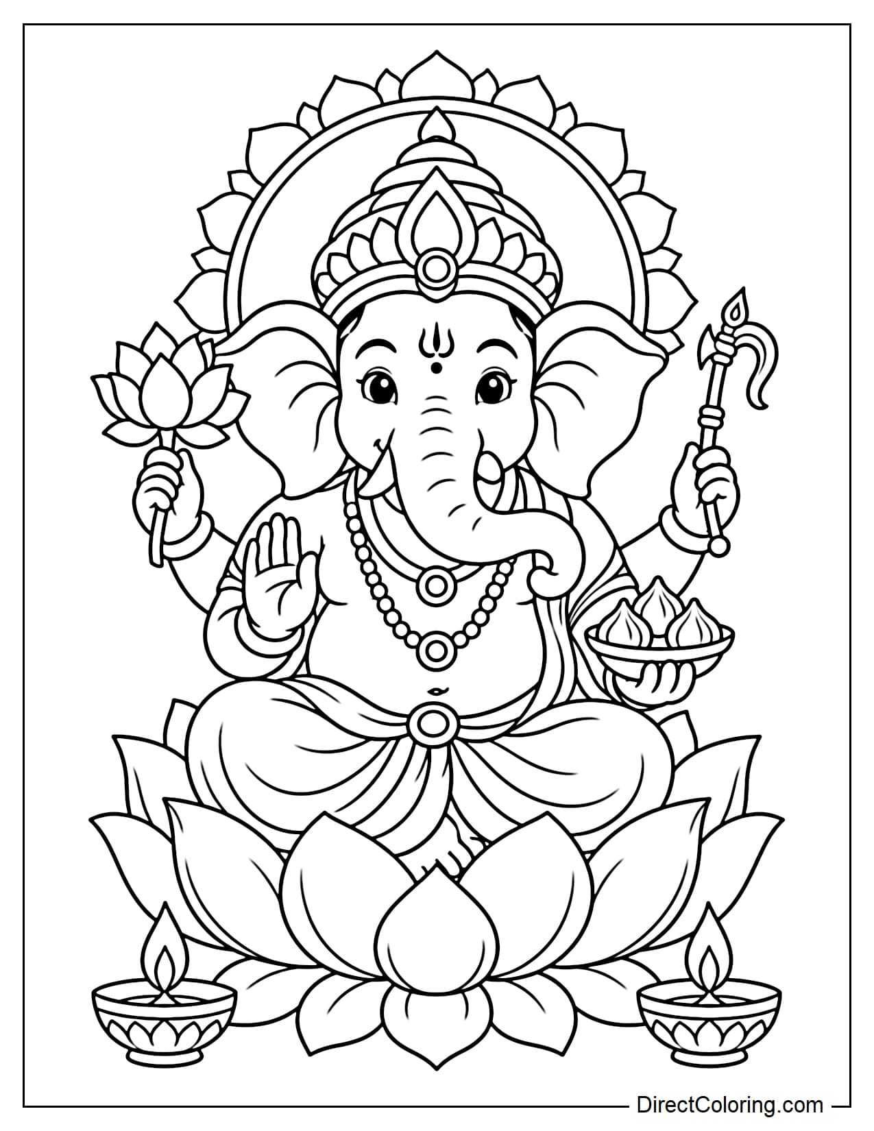 Elephant-headed Lord Ganesha wears a crown and sits cross-legged on a lotus pedestal. Of his four hands, one holds a modak sweet, another a lotus flower, a third a bowl of sweets, and the fourth offers a blessing. Diyas stand on both sides, with a halo behind him.