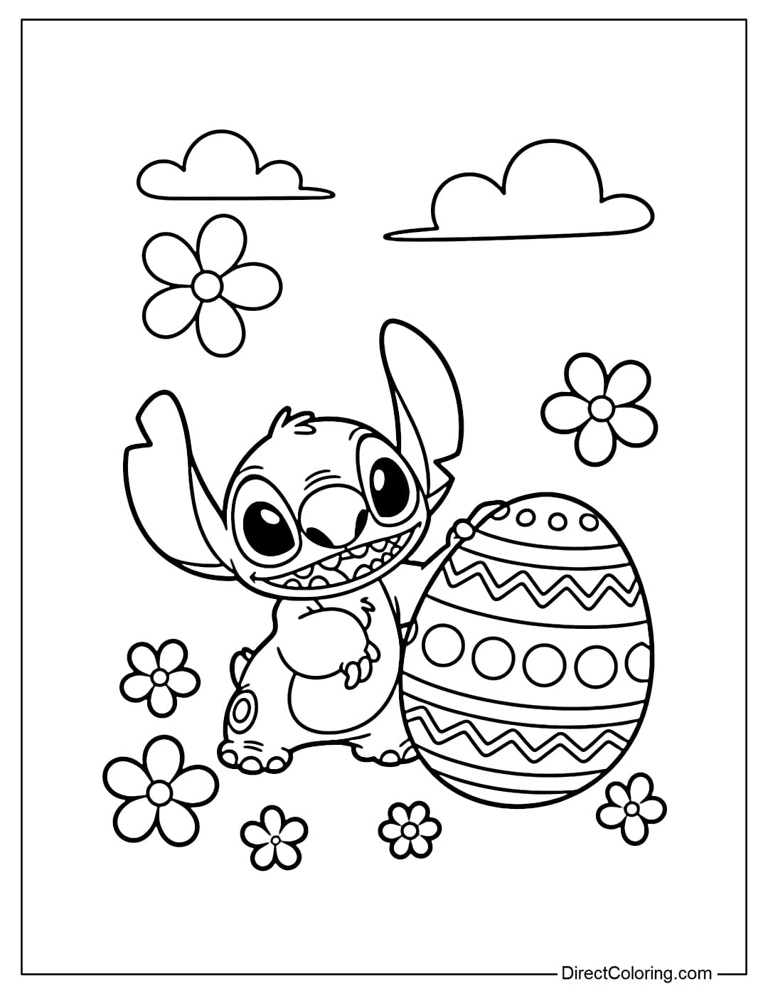 Stitch is standing next to a large Easter egg and some simple, large flowers.