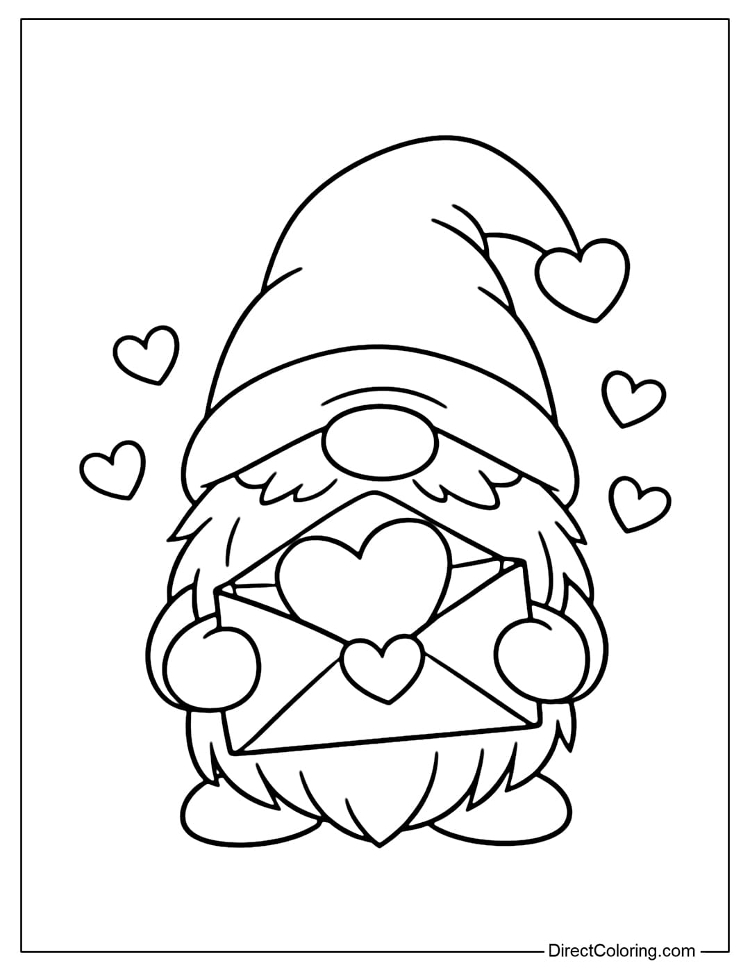 A coloring page of a gnome holding a heart-shaped Valentine's Day envelope, slightly open. Surrounding it are several small hearts.