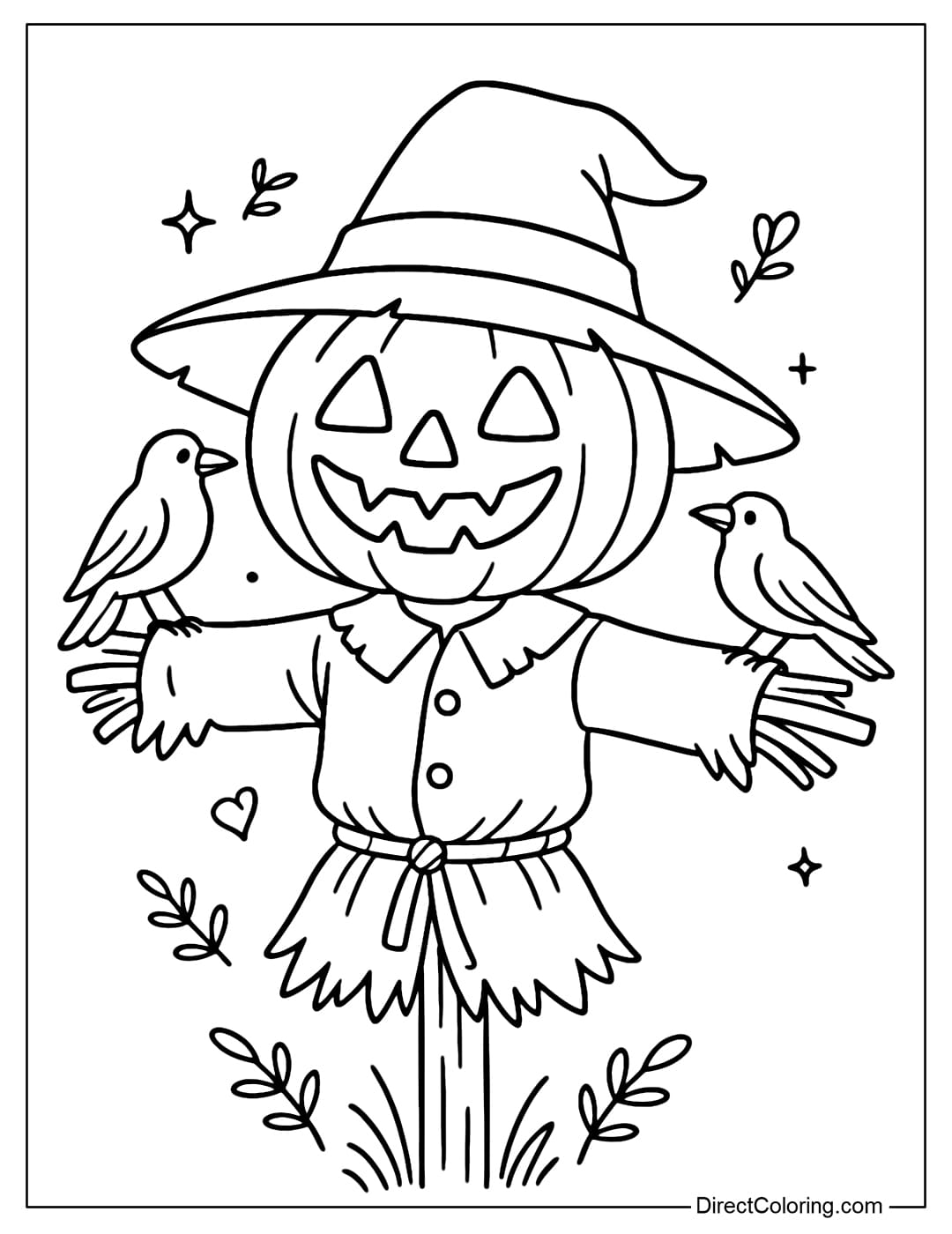 A scarecrow coloring page with a Jack-o'-lantern pumpkin head, wearing a wide-brimmed straw hat, a few crows perched on its shoulders.