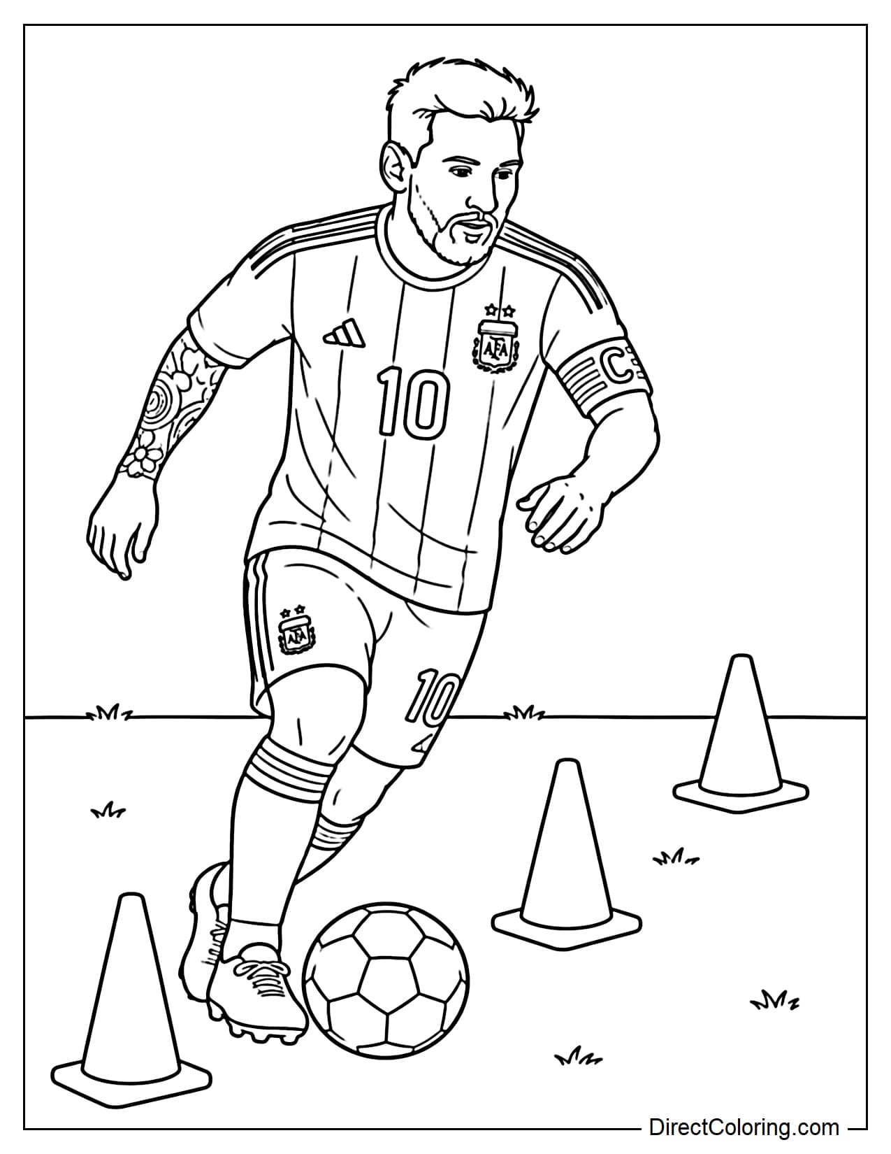 Lionel Messi is dribbling past 2-3 training cones, leaning slightly forward, with the ball close to his feet.