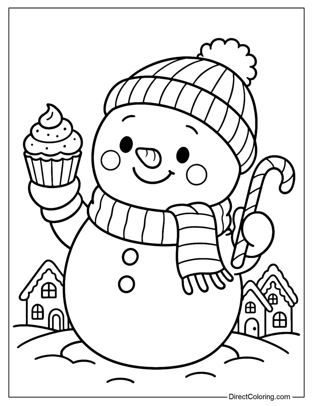 A sweet snowman coloring page, holding a cupcake and a candy cane.