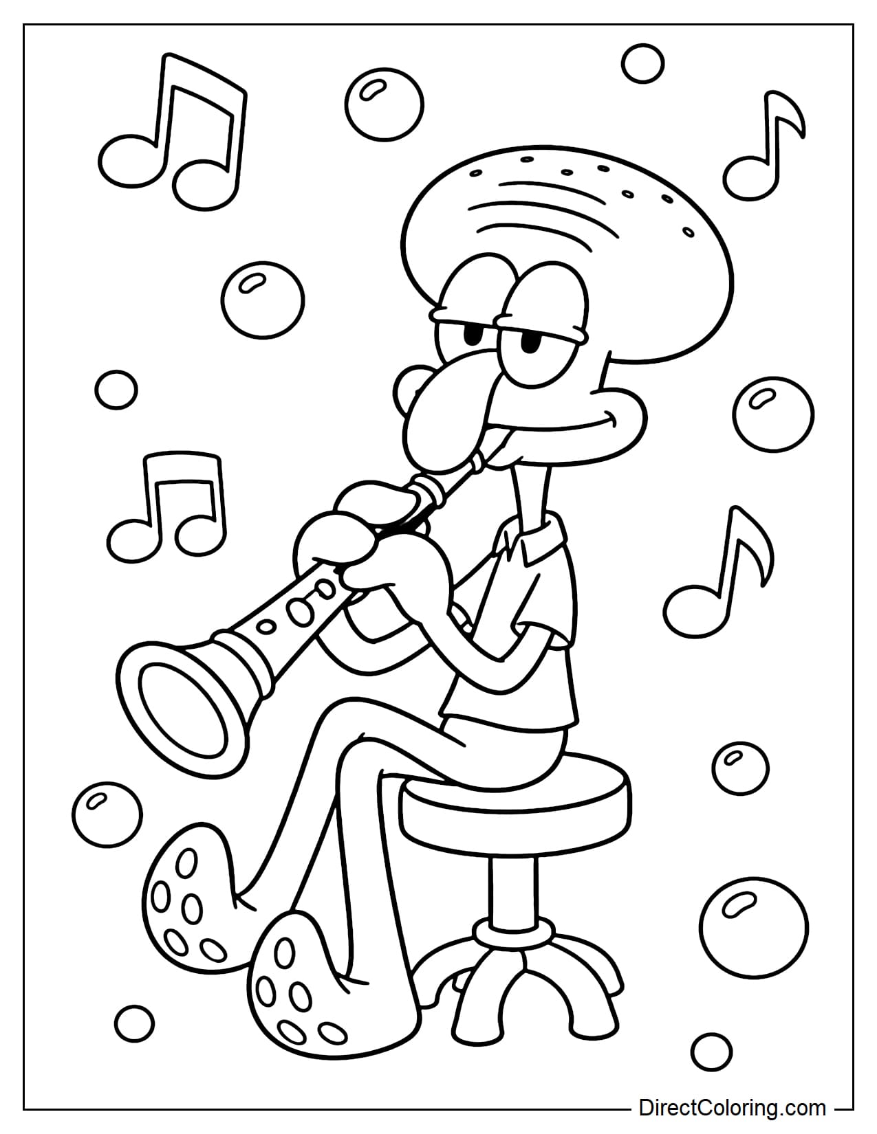 Squidward is sitting with a clarinet in a funny expression, surrounded by some large musical notes and bubbles.