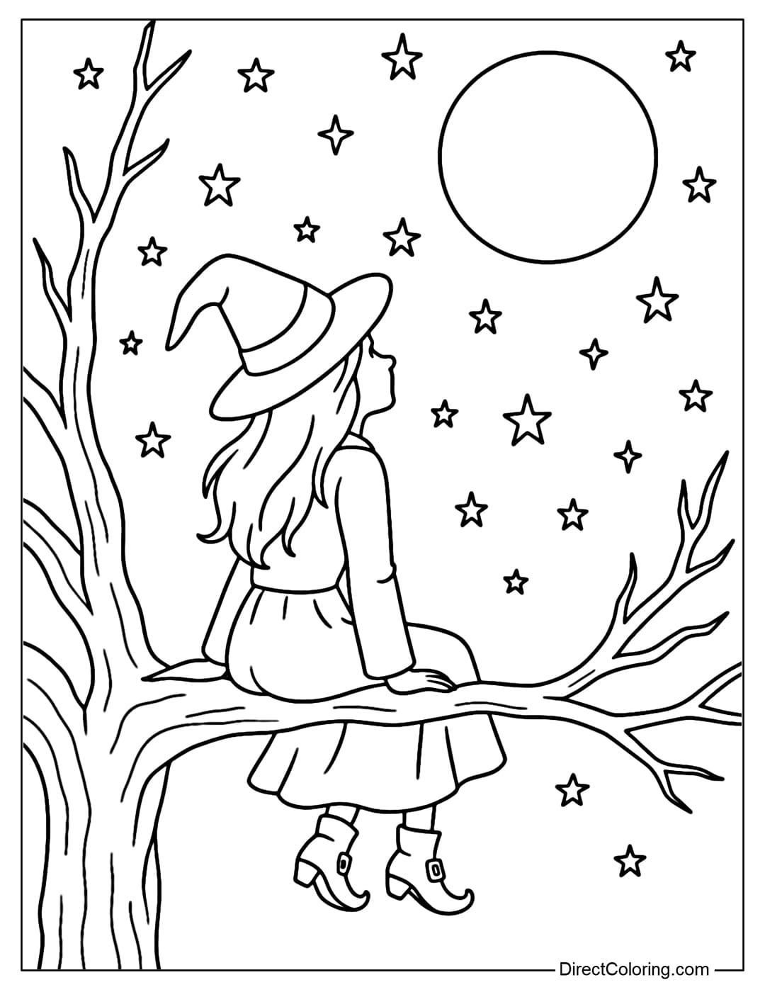 A coloring page of a witch sitting on a large tree branch, looking up at the starry sky and the shining full moon.