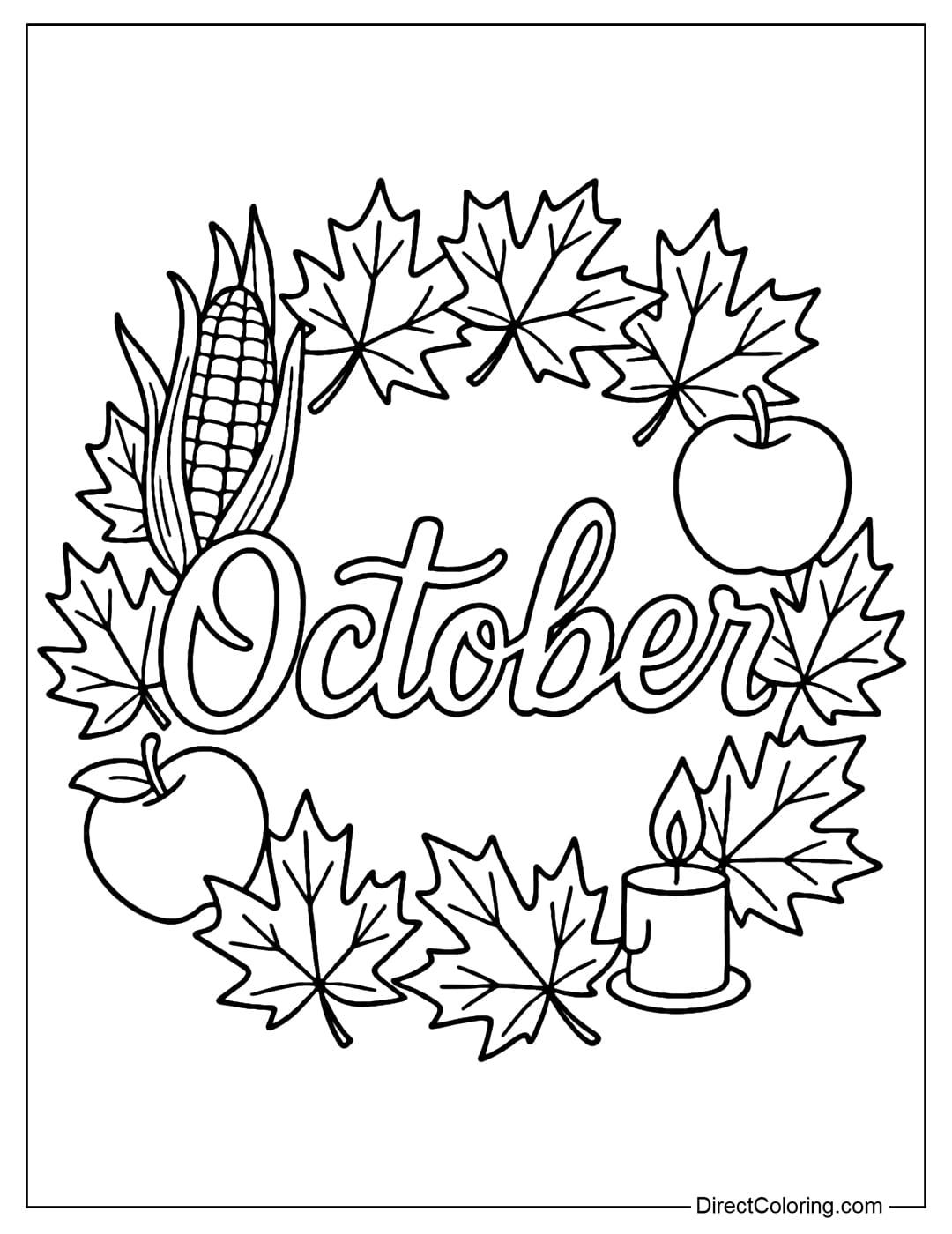 A coloring page of the letter October is inserted into an autumn wreath of maple leaves, corn, red apples and small candles.
