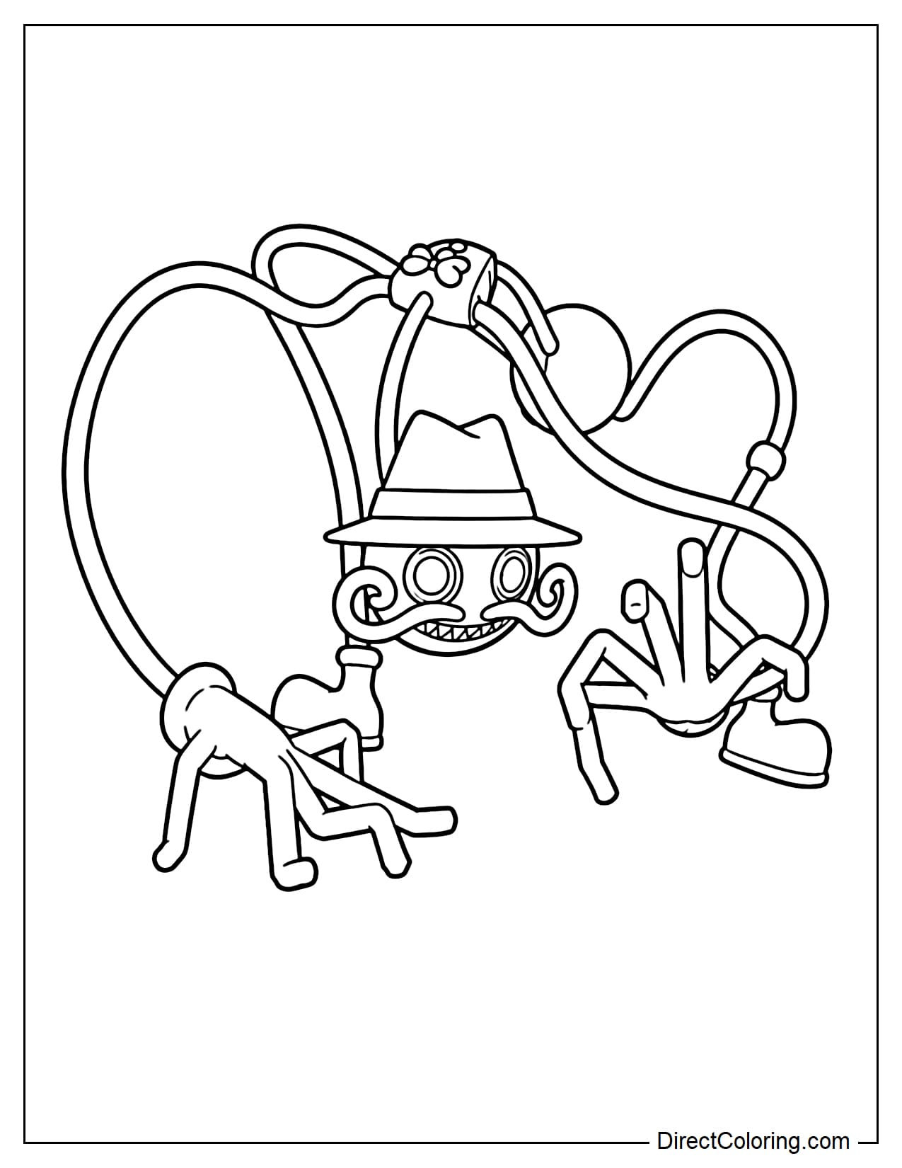 Daddy Long Legs from Poppy Playtime wears a fedora hat, has a long, curly mustache, a slender body, and super-long, flexible arms and legs.