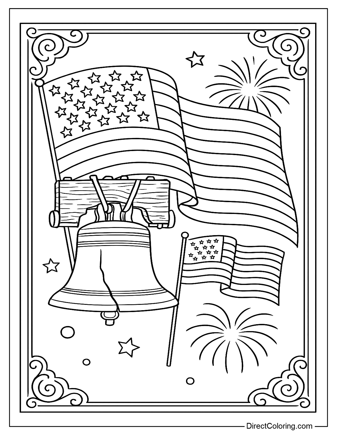 A coloring page of the Liberty Bell next to a large American flag fluttering, with a vintage patterned background.