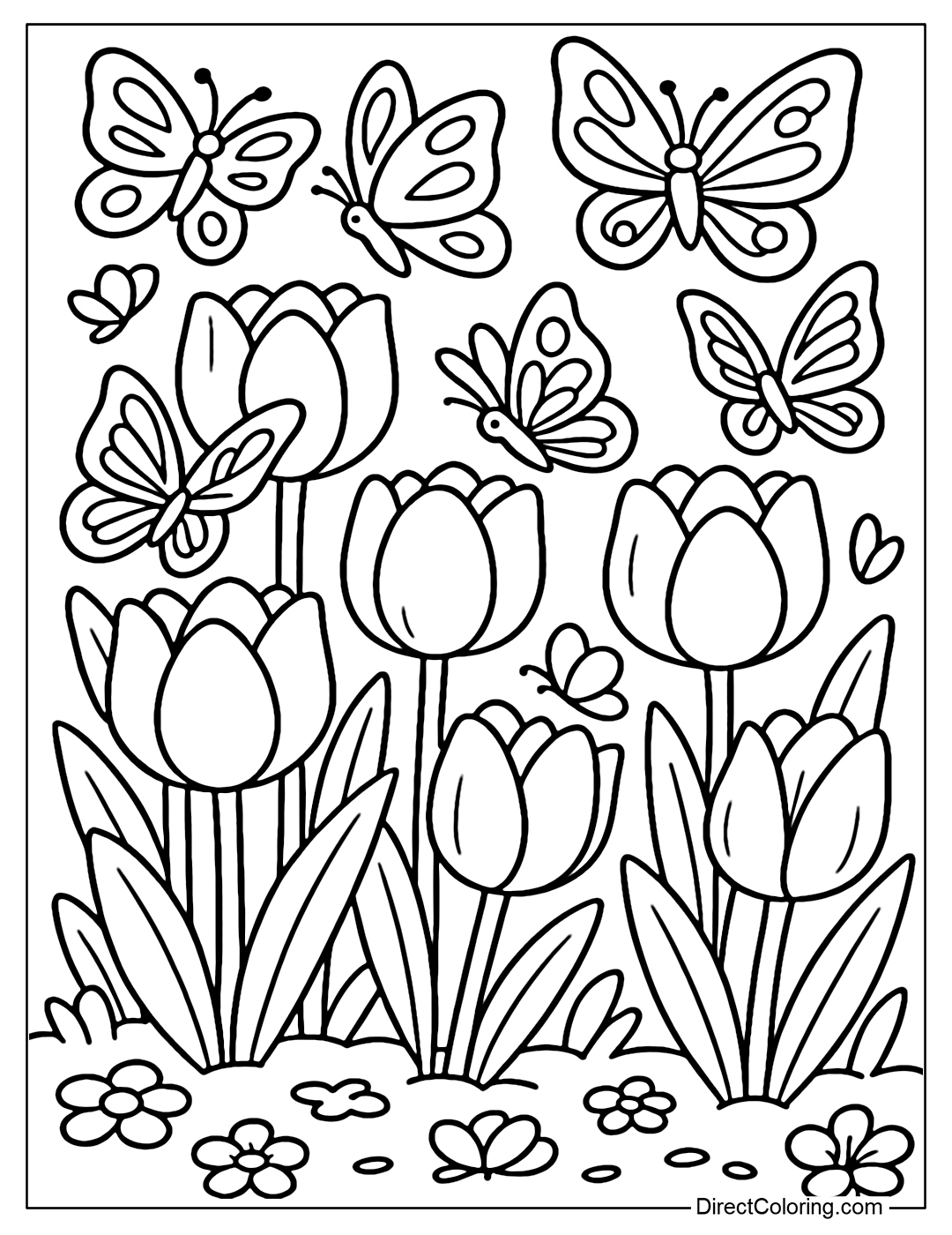 A giant tulip garden coloring page in full bloom, with clear petals, many large butterflies fluttering around each tulip, some butterflies resting on the petals