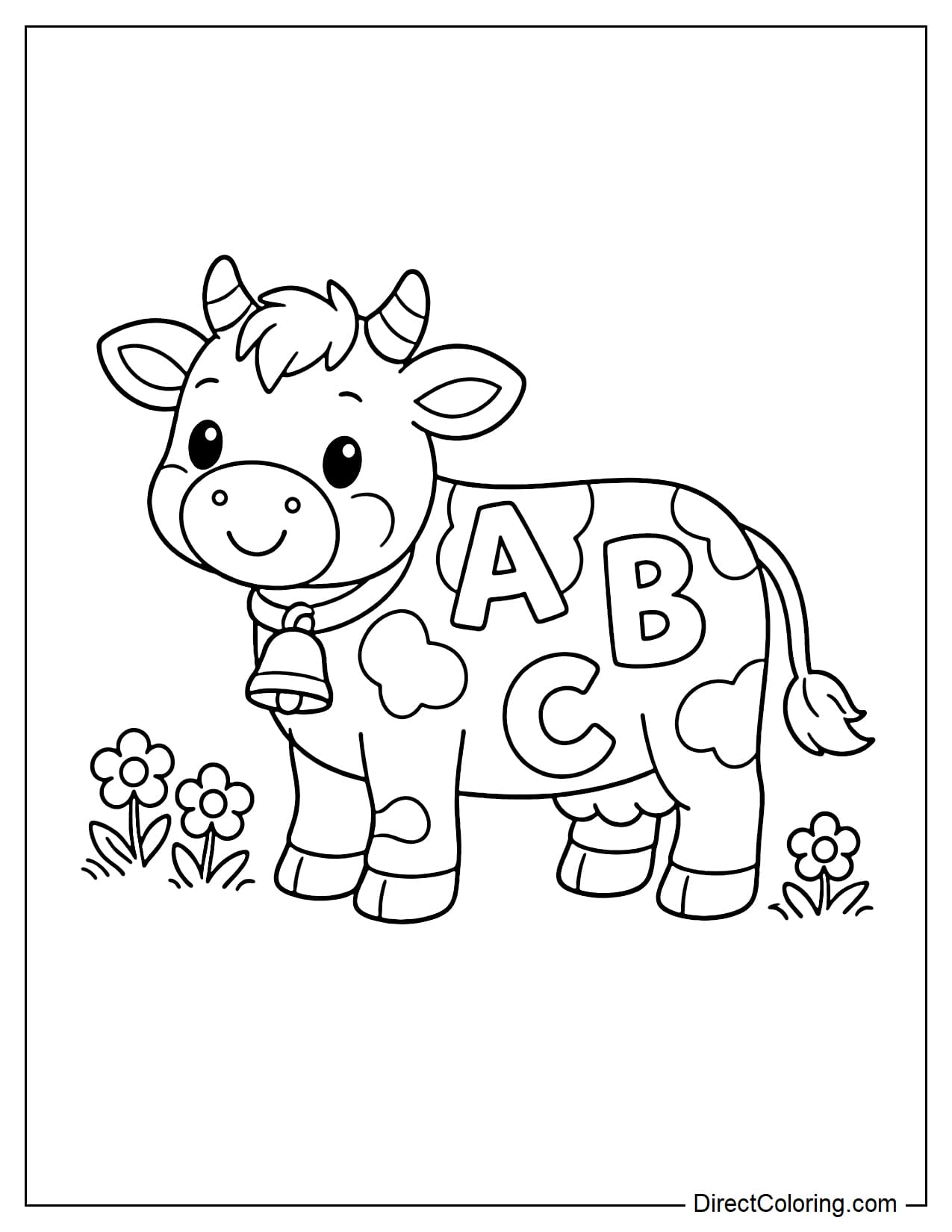 A cow with simple letter patterns on its body like A, B, C in a creative style.