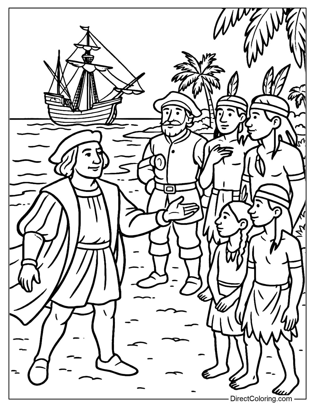 Coloring page of Columbus and his sailors meeting curious natives on the shore.