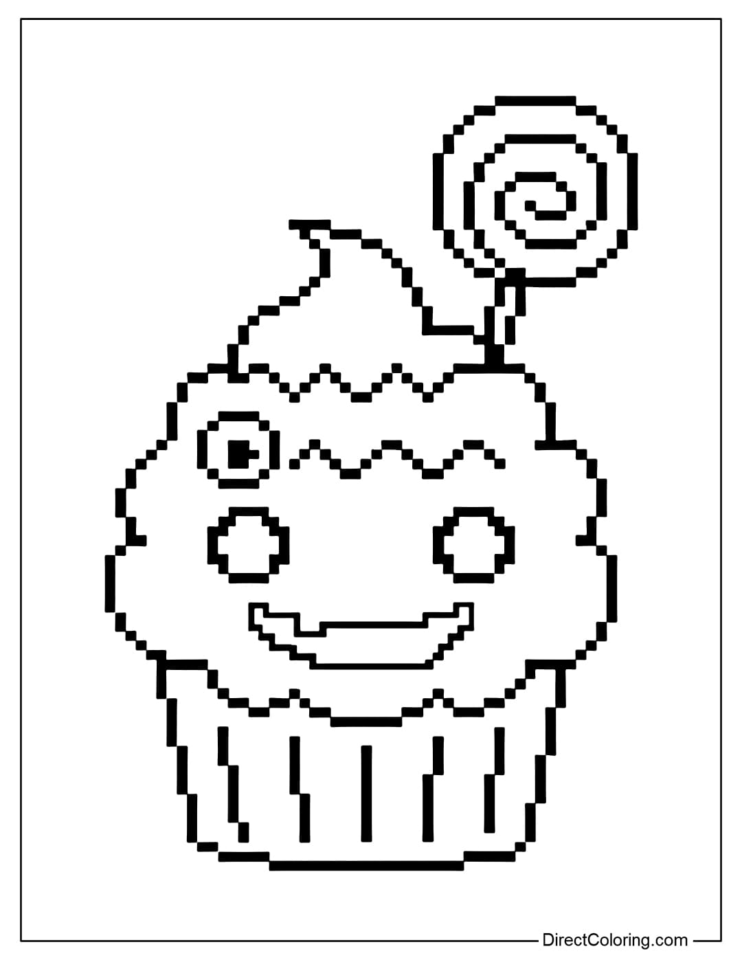 Pixel Halloween cupcake color page with a spooky but cute smiley face, zigzag pixelated cream, and candy eyes and small teeth.