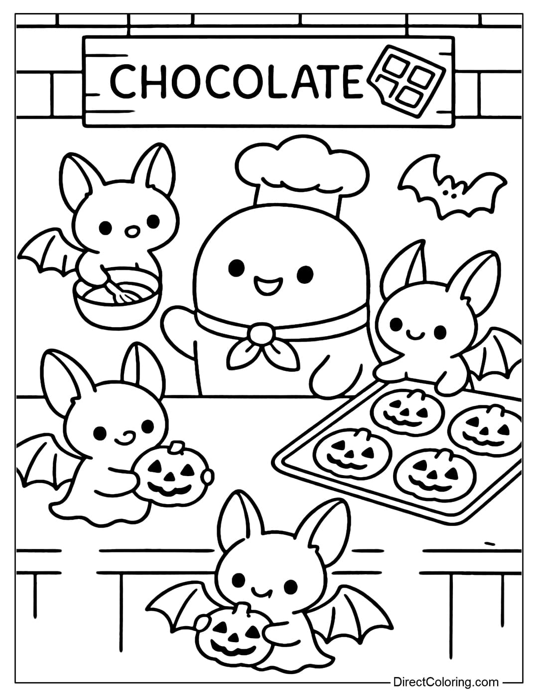 Coloring page of a chocolate bat bakery, where bats bake pumpkin-shaped cookies, ghosts are the happy chefs.
