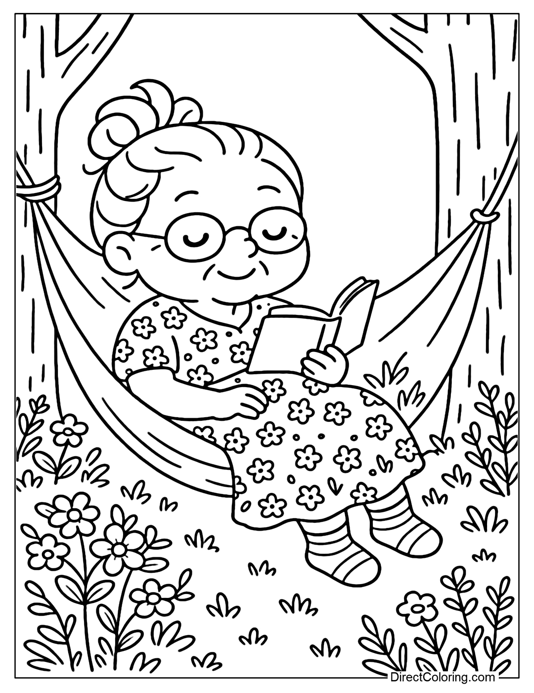 Coloring page Grandma lies on a hammock between two trees, holding an open book, smiling dreamily.