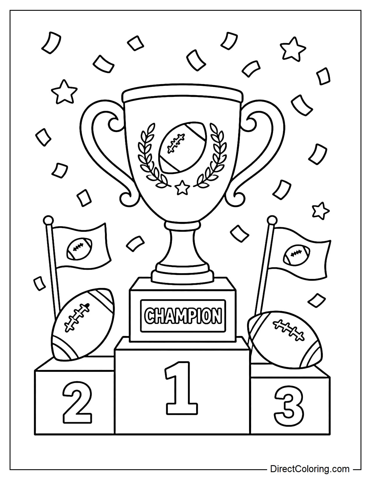 A large football championship trophy stands on a winner's podium, with footballs, small pennant flags, and confetti arranged around it.
