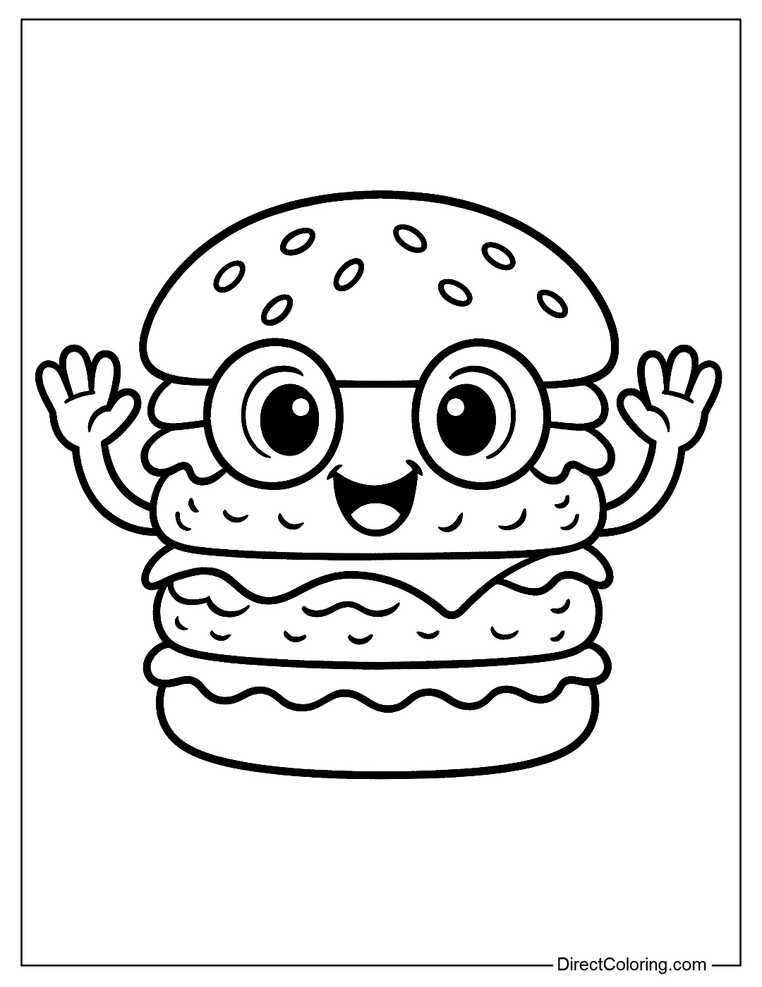 a hamburger coloring page with a smiling face, big round eyes and two hands raised in greeting