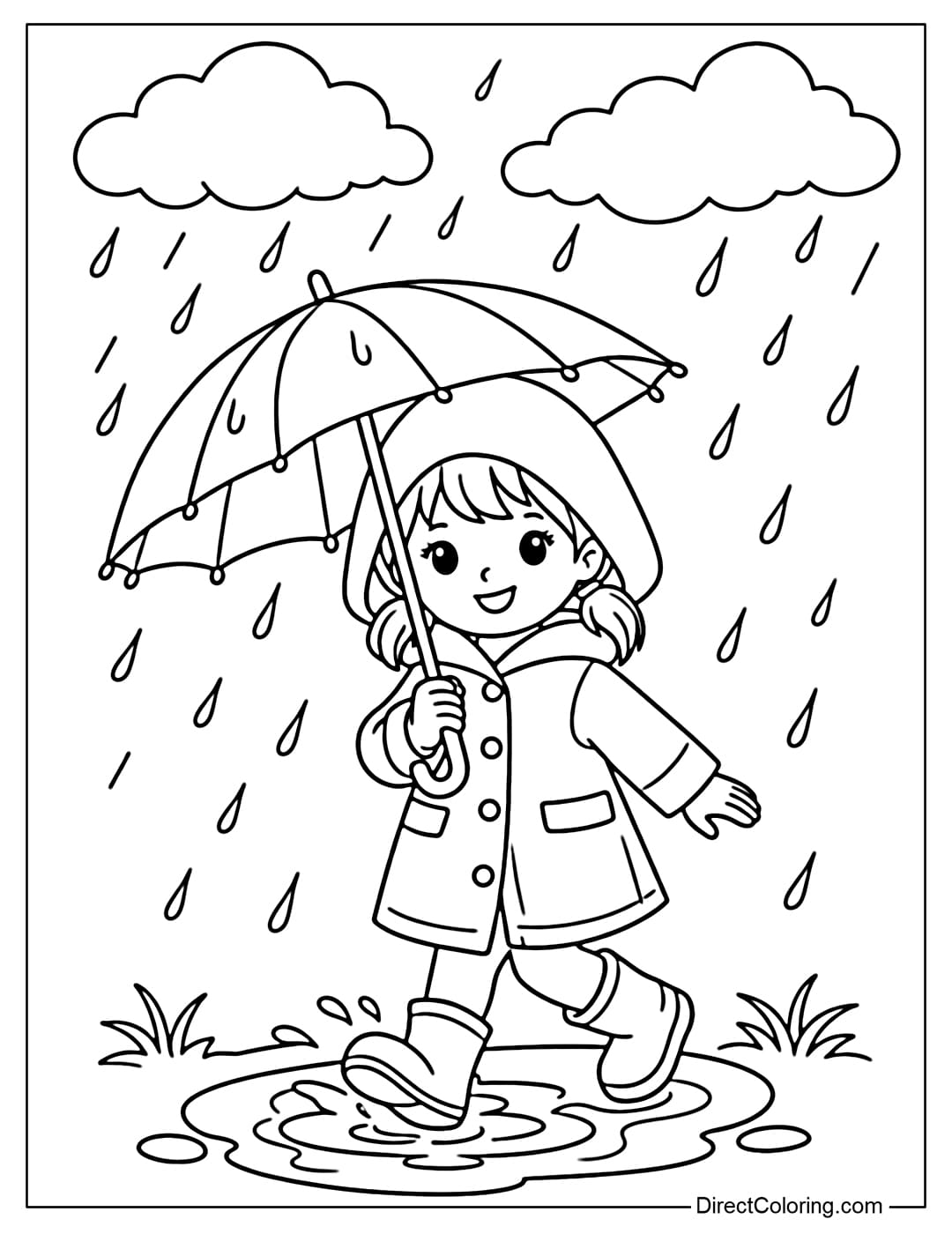 A coloring page featuring a little girl in a raincoat holding an umbrella walking in an April rain shower, with clouds and small puddles.
