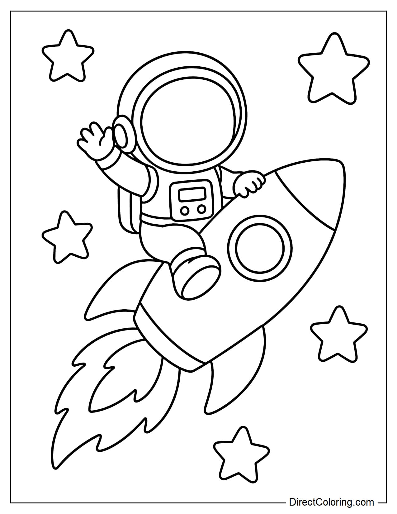 A small astronaut sitting on top of a flying rocket and waving happily, with a large flame below and a few stars around them.