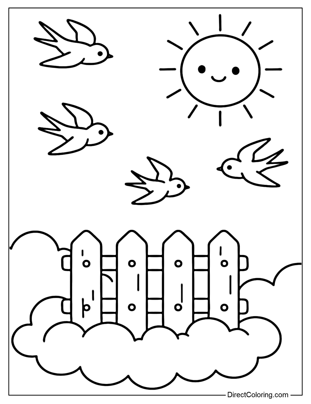 A fence coloring page floating in the clouds, swallows flying around, the sun smiling in the distance.