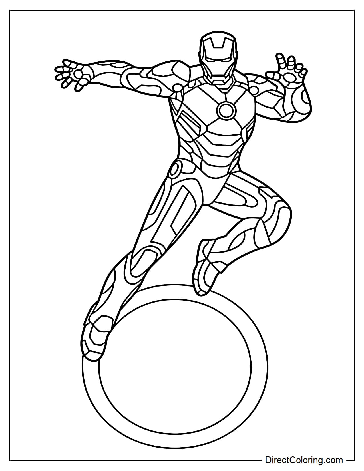 Iron Man is jumping, with a large circle below.