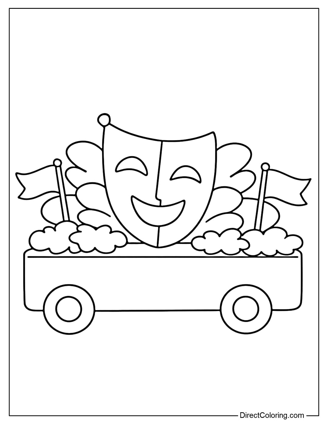 Coloring page of a simple Mardi Gras parade float with a rounded rectangular base, a large mask, and two small flags.