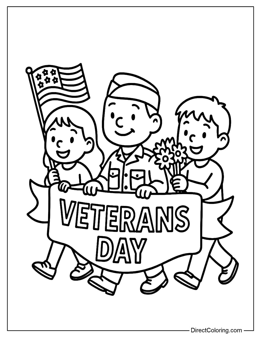 Coloring page of a Veterans Day parade, with flags and ribbons.