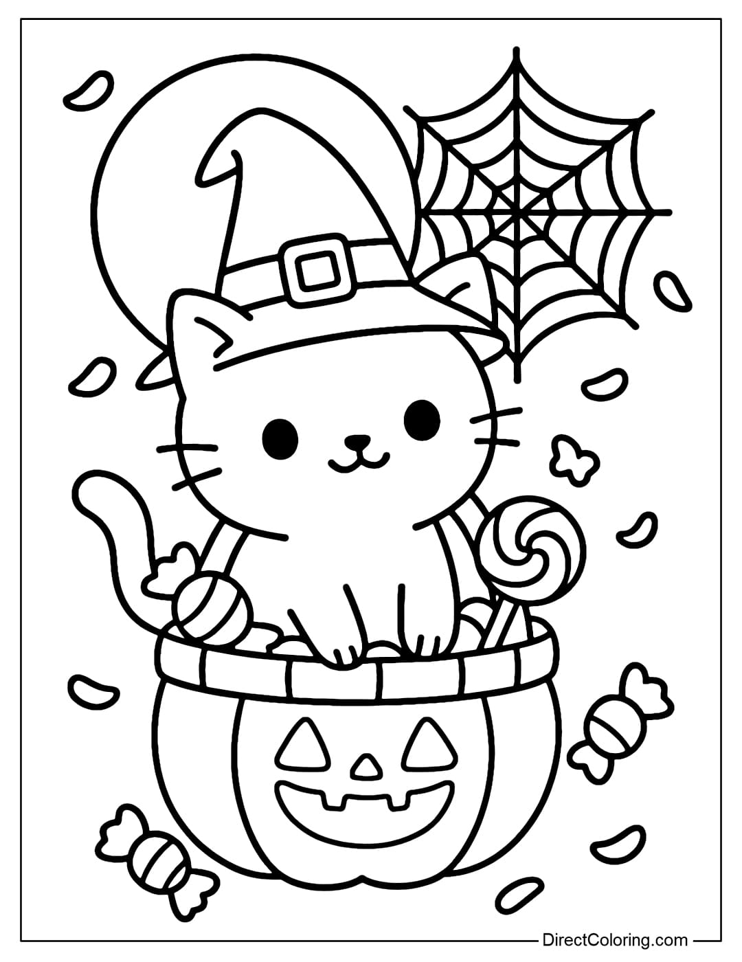 A coloring page for a black cat wearing a witch hat, sitting on a Halloween candy basket, with a full moon, a spider web and some falling candies behind.