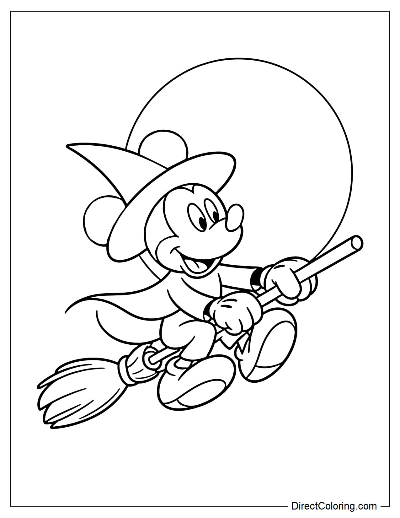 Mickey Mouse wears a large witch hat and sits on a broomstick, flying through the sky with a large full moon behind him.