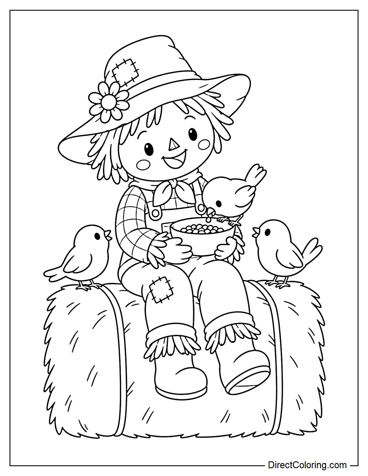 A cute scarecrow sits on a large hay bale, holding a small bowl of seeds for three little birds gathered around.