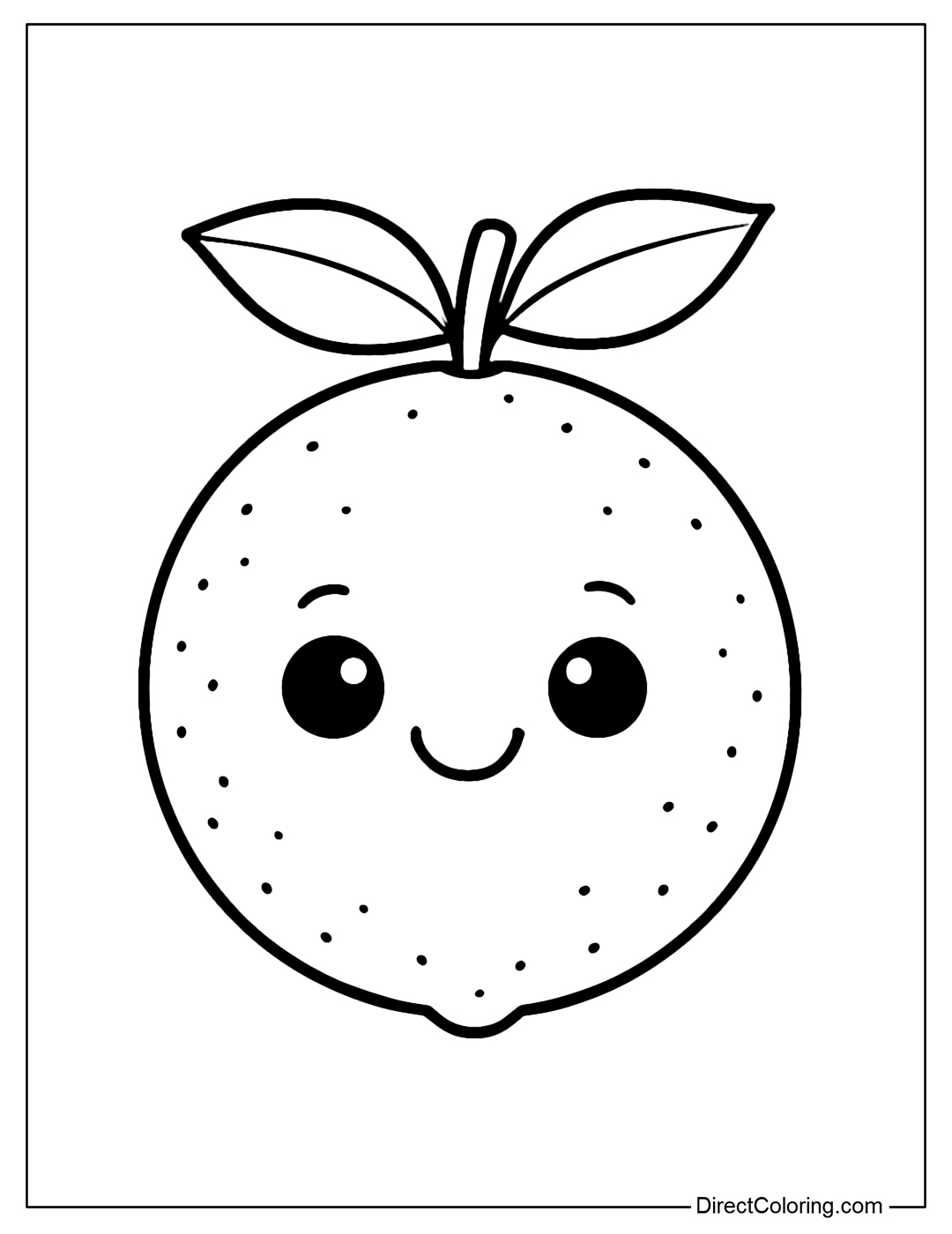 A round lemon coloring page with a cute smiley face and two small leaves.