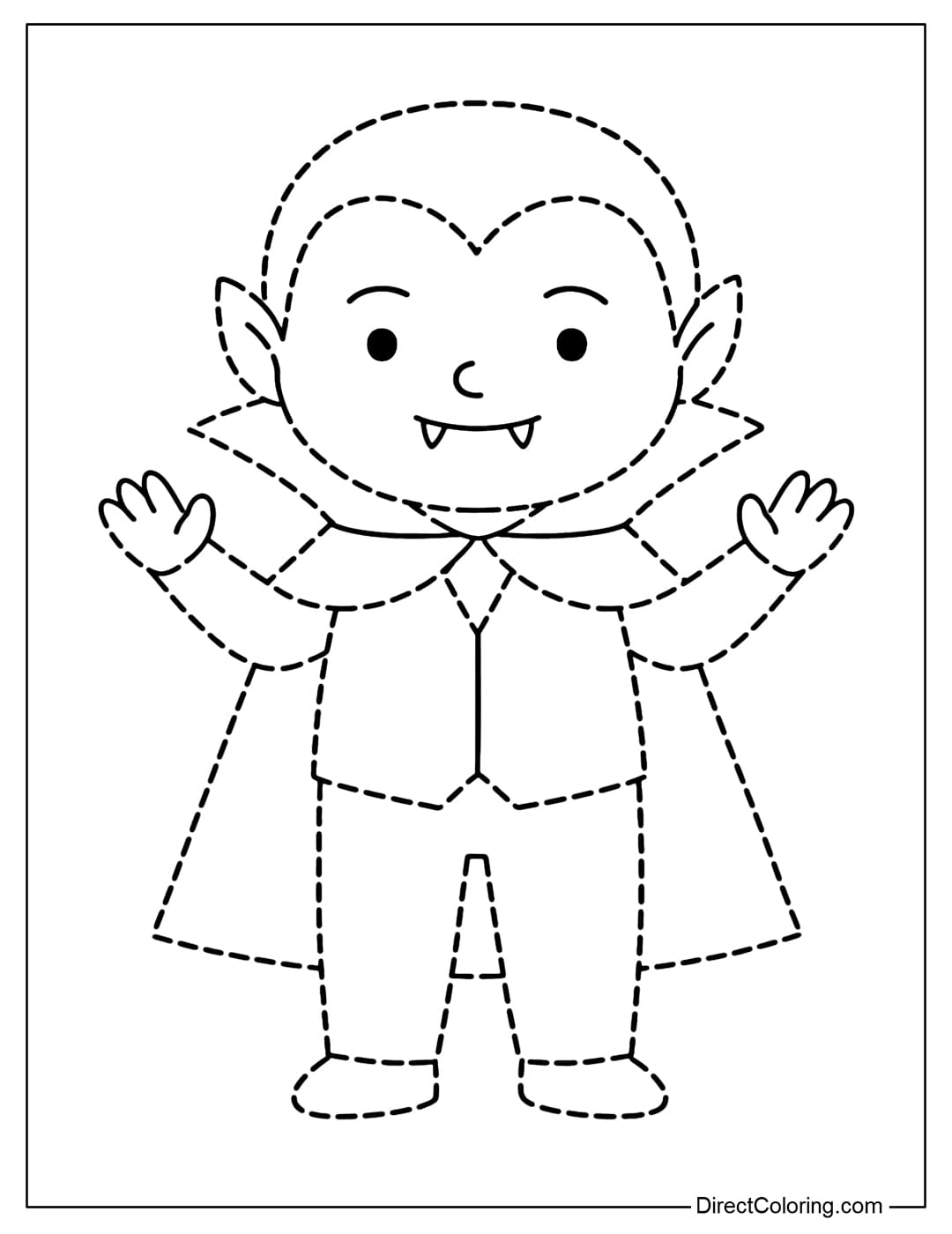 Little vampire tracing coloring page with cloak, small fangs, thin dashed lines