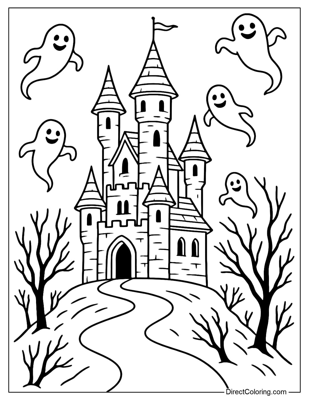 A spooky castle coloring page on the top of a hill, surrounded by skinny dry trees, a few ghosts flying around.