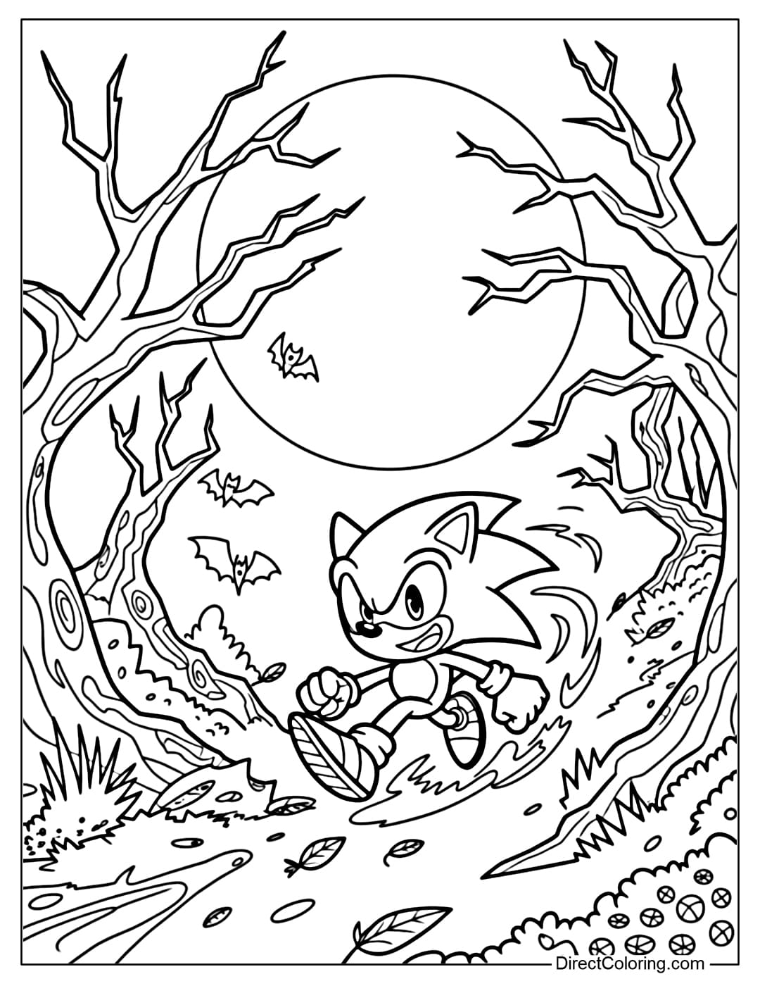Coloring page of Sonic adventure in a haunted forest with dry trees and a full moon.
