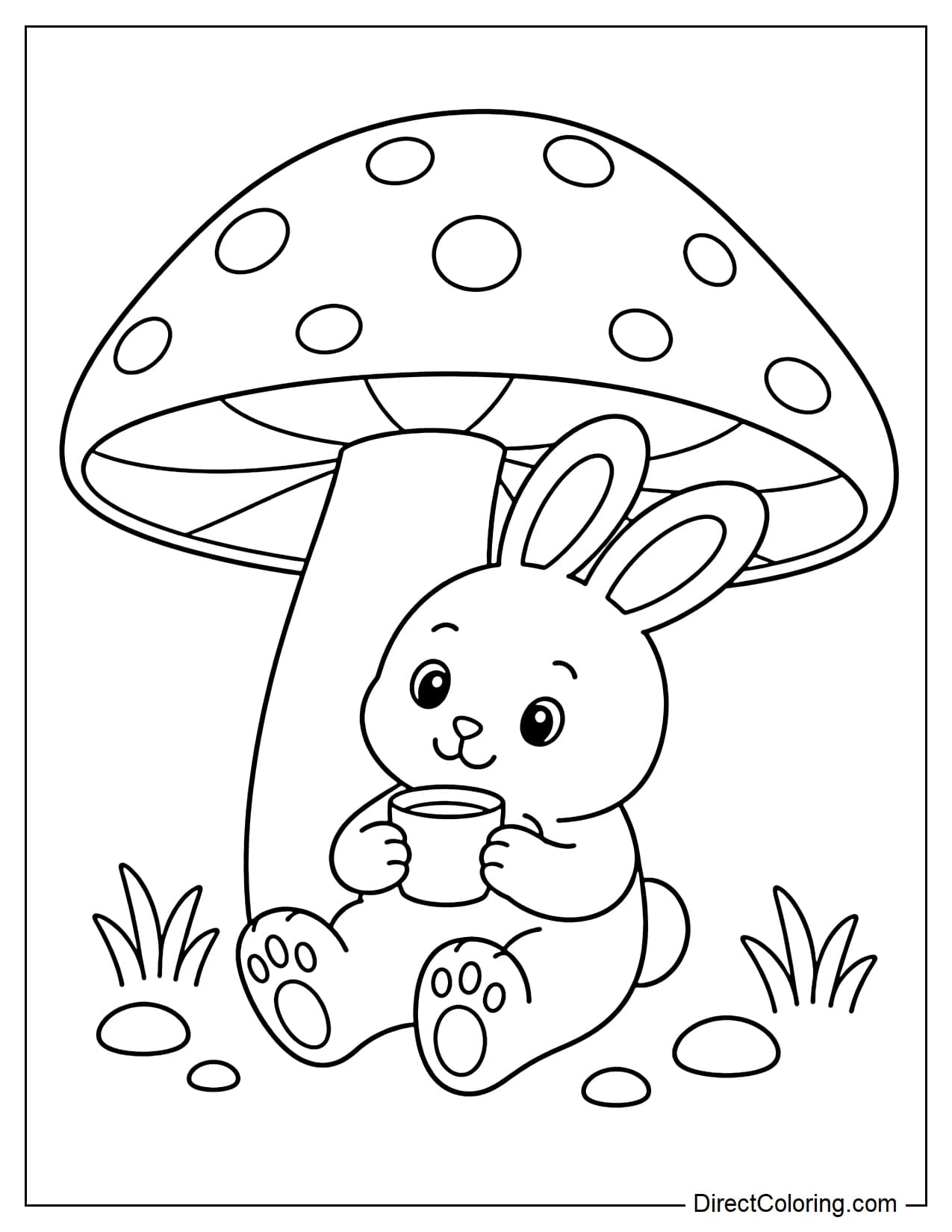 A rabbit relaxes under a giant mushroom shaped like an umbrella, leaning back with its legs stretched forward while holding a small cup with both paws.