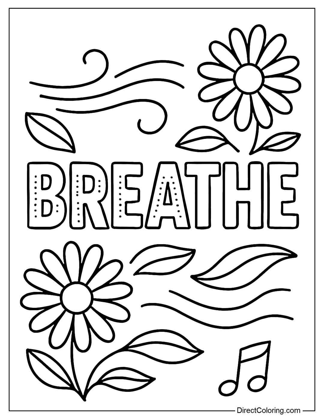 The Breathe coloring page with a gentle breeze blowing through, combining daisies and wavy leaves.