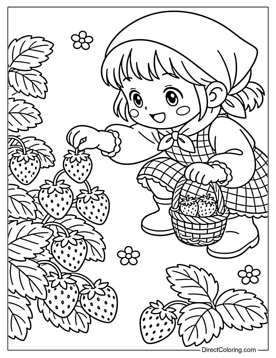 Coloring page of a baby picking strawberries in a garden with a small basket.