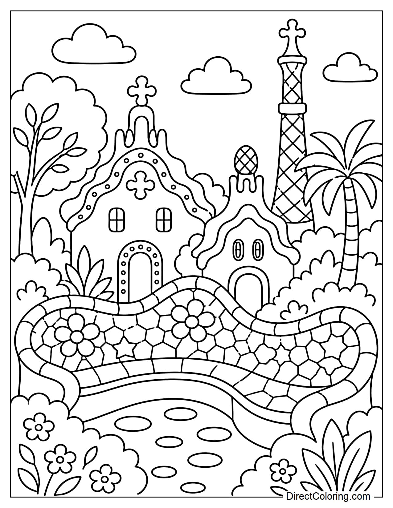 Park Güell's garden with curved benches, soft architectural details, and simplified mosaic motifs, surrounded by trees and winding paths.